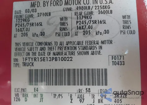 2003 Ford Ranger Xlt z USA, uszkodzony, nr VIN 1FTYR15E13PB10022